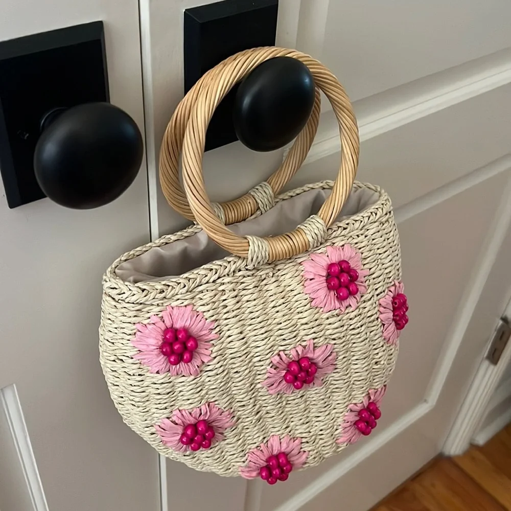 Urban Expressions Woven Straw Satchel with Pink Floral Accents